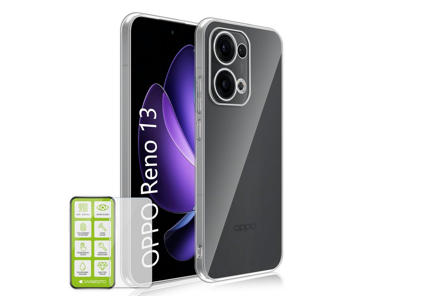 Wigento Handyhülle Für Oppo Reno 13 5G Silikon TPU Handy Hülle Transparent + H9 Hart Glas, Produktset TPU Hülle mit Hart Glas von Wigento