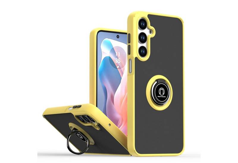 Wigento Handyhülle Für Samsung Galaxy A16 5G Q Shadow Design TPU / PC Hülle Ring Gelb, Magnetringhalter stoßfestes Hybrid Material von Wigento