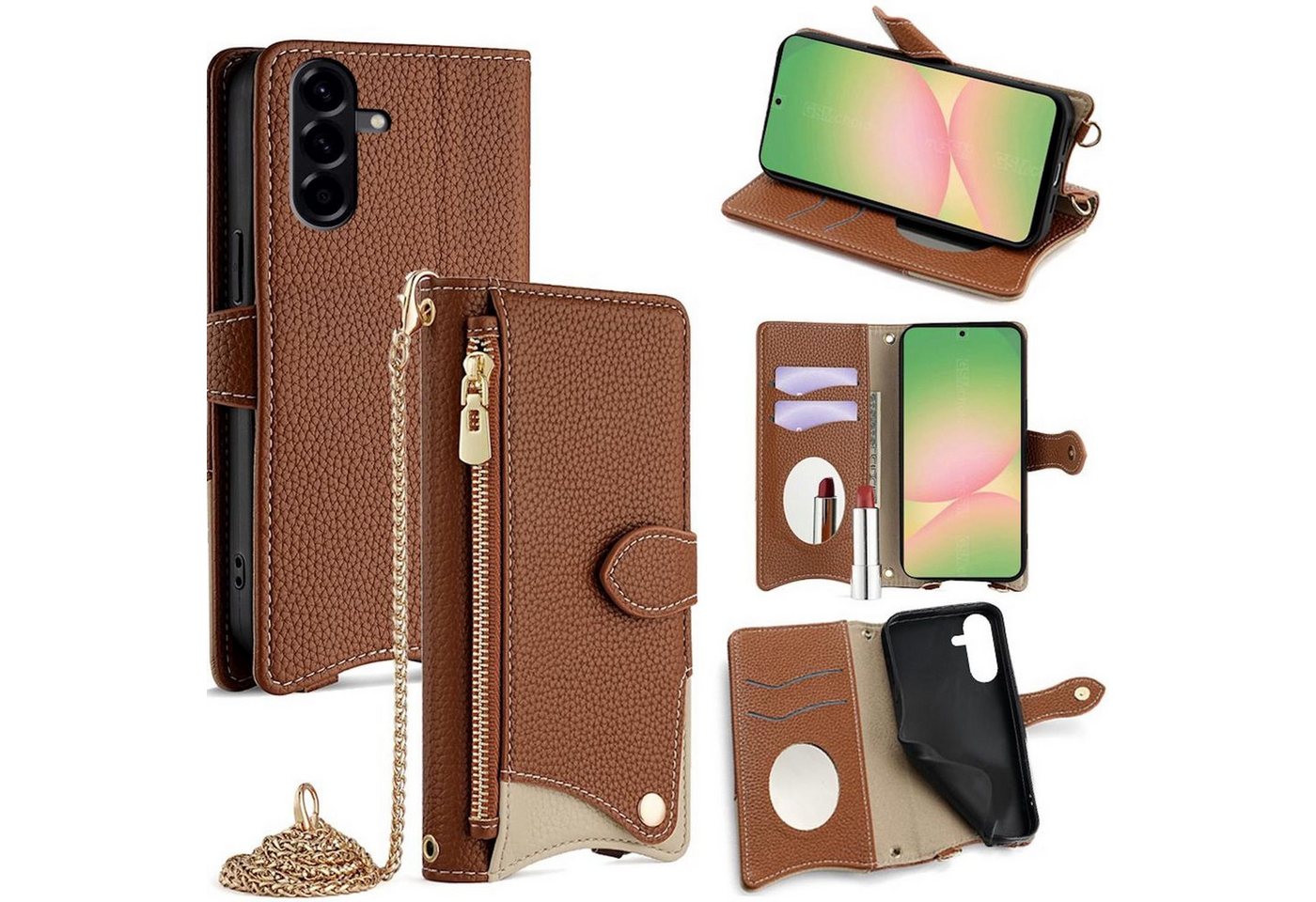 Wigento Handyhülle Für Samsung Galaxy A56 Design Crossbody Kette Kunstleder Tasche Braun, Wallet Case mit Spiegel, Kartenfächern und Umhängekette Wigento Handyhülle Für Samsung Galaxy A56 Design Crossbody Kette Kunstleder Tasche Braun, Wallet Case mit Spiegel, Kartenfächern und Umhängekette von Wigento