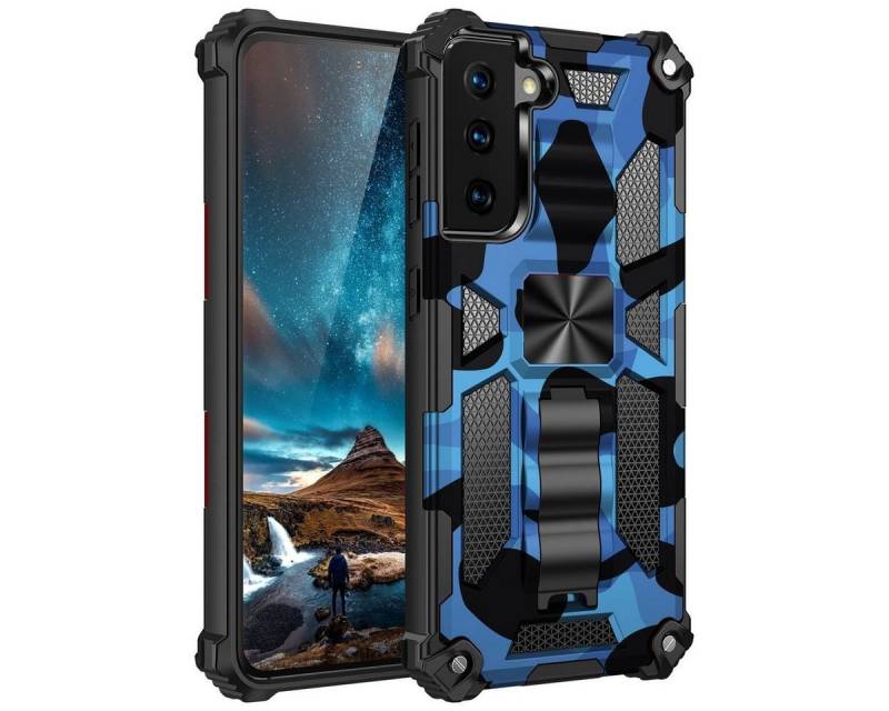 Wigento Handyhülle Für Samsung Galaxy S21 Camouflage Shockproof Armor TPU Schutz Tasche Hülle Cover Dunkelblau von Wigento