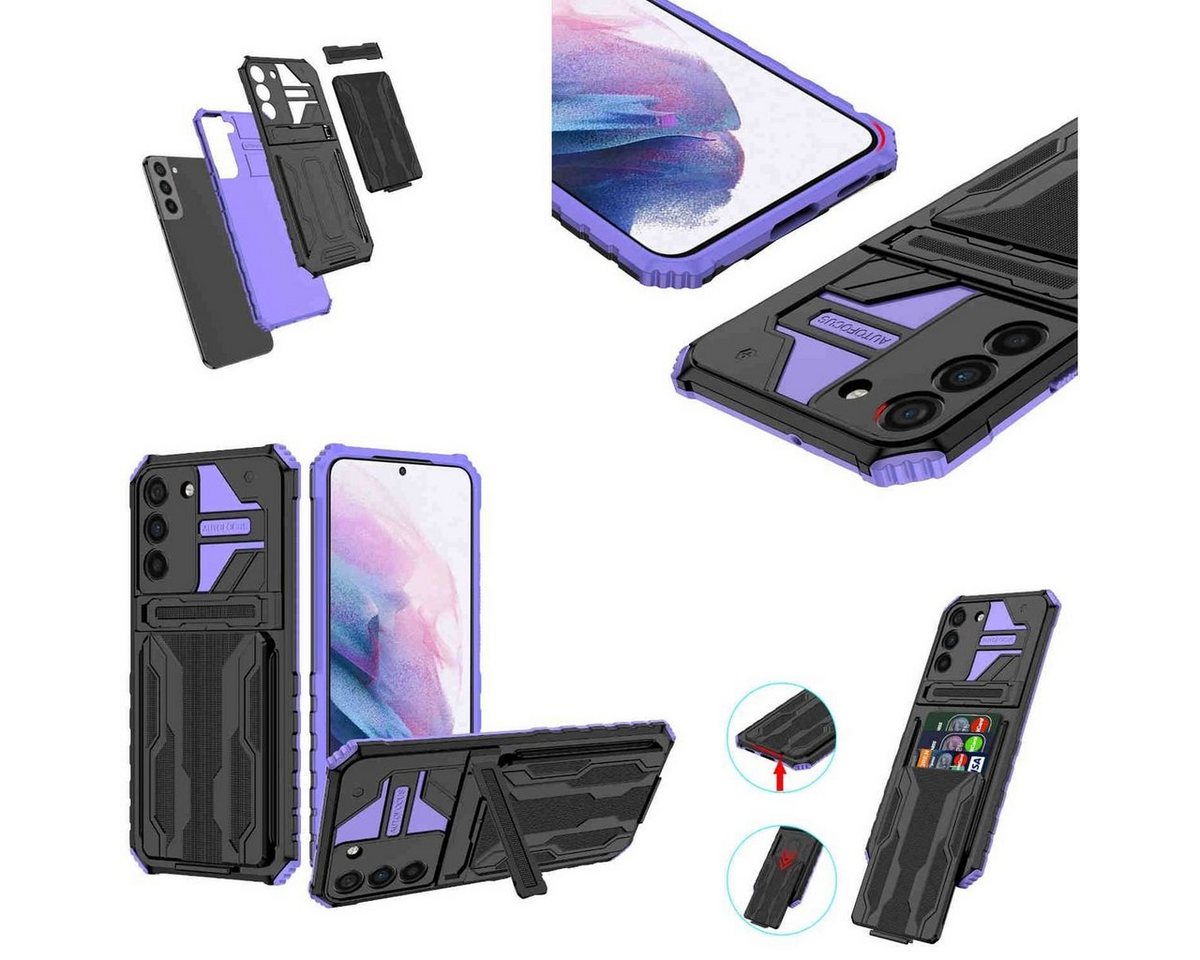 Wigento Handyhülle Für Samsung Galaxy S23 Plus Shockproof Armor Hülle mit Kartenfach Lila von Wigento
