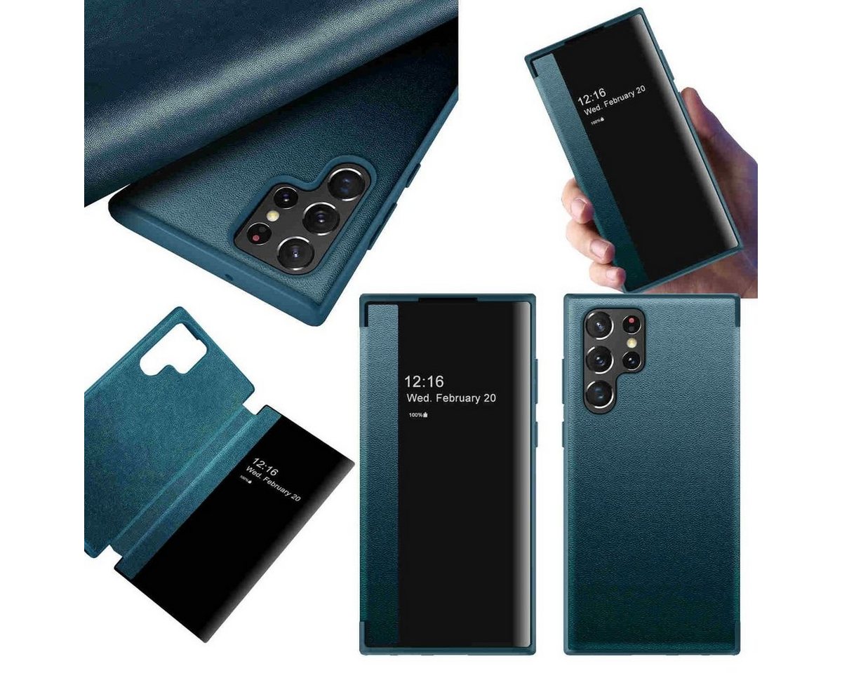 Wigento Handyhülle Für Samsung Galaxy S23 Ultra 5G View Mirror Smartcover Grün Schutzhülle Cover Etuis Tasche Hülle Neu Case Wake UP Funktion von Wigento
