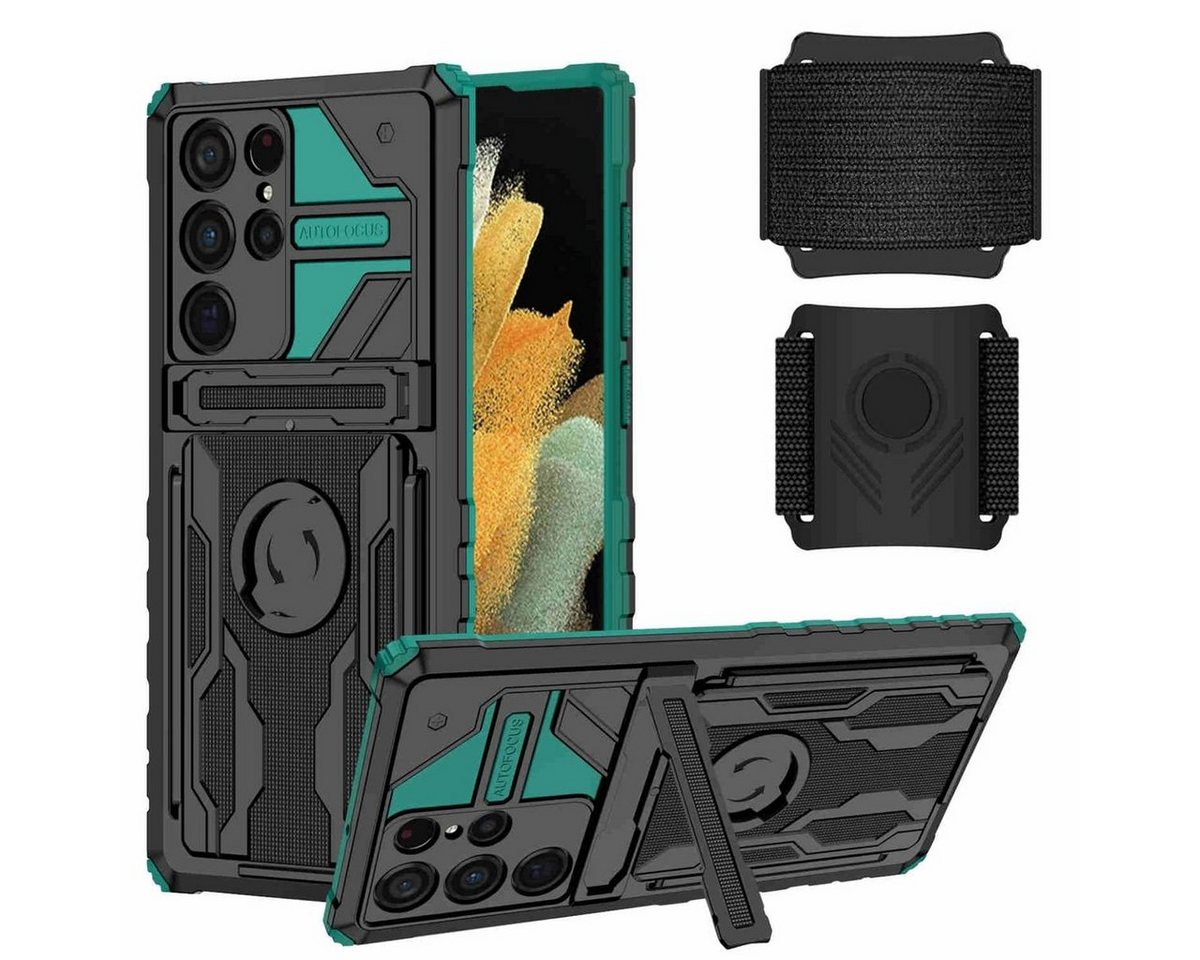 Wigento Handyhülle Für Samsung Galaxy S23 Ultra Shockproof Armor Hülle mit Armband TPU Schutz Tasche Hülle Cover Grün von Wigento