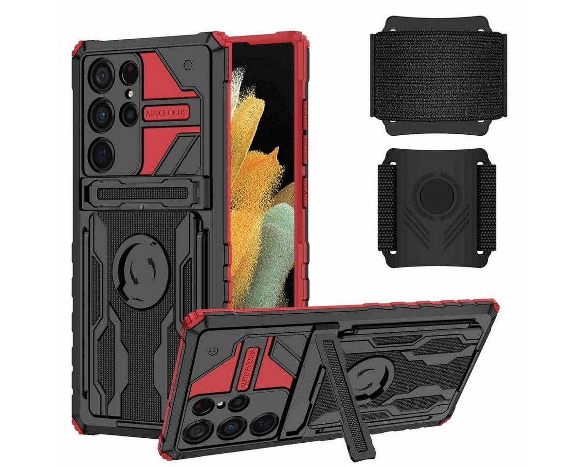 Wigento Handyhülle Für Samsung Galaxy S23 Ultra Shockproof Armor Hülle mit Armband TPU Schutz Tasche Hülle Cover Rot von Wigento