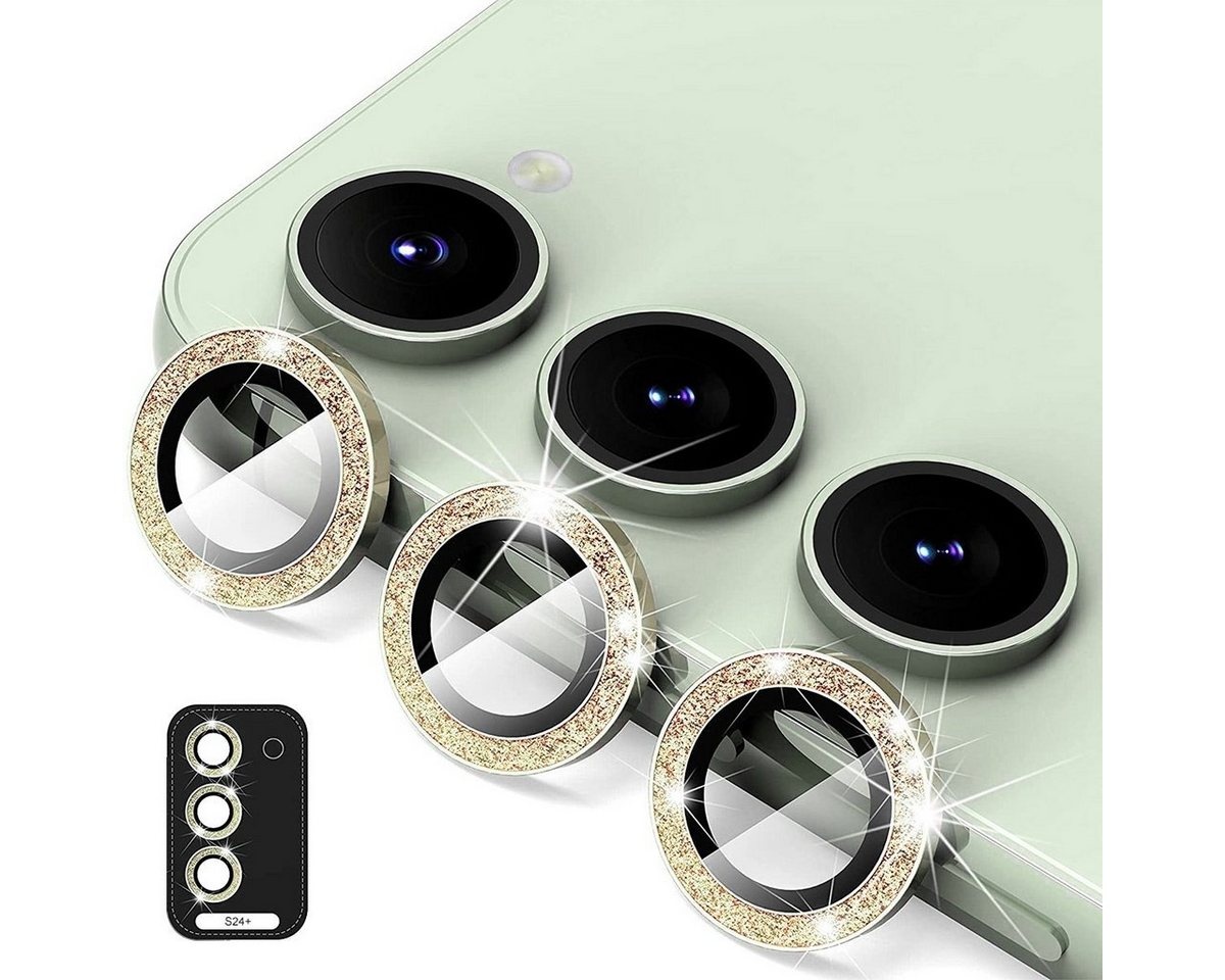 Wigento Handyhülle Für Samsung Galaxy S24 Plus Aluminium Glitzer Ring Kamera + Hart Glas von Wigento