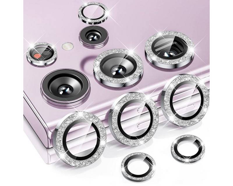 Wigento Handyhülle Für Samsung Galaxy S24 Ultra Aluminium Glitzer Ring Kamera + Hart Glas von Wigento