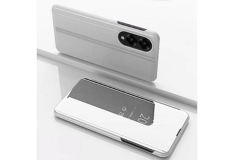 Wigento Handyhülle Für Samsung Galaxy S25 Edge 5G View Spiegel Wake UP Smart Hülle Silber, Elektroplattiertes Spiegel-Design, horizontaler Klappständer von Wigento