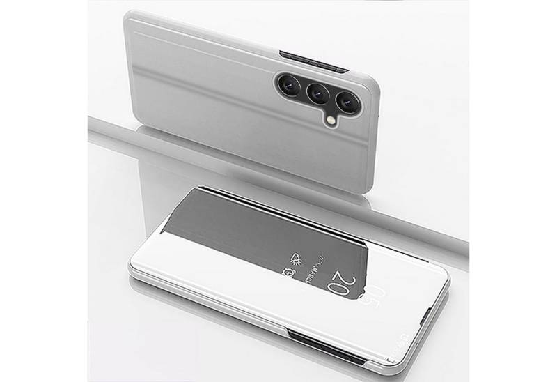 Wigento Handyhülle Für Samsung Galaxy S25 Plus View Spiegel Wake UP Funktion Hülle Silber, Elektroplattiertes Spiegel-Design, horizontaler Klappständer von Wigento