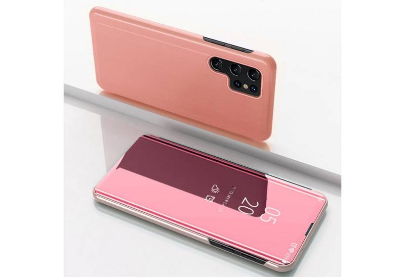 Wigento Handyhülle Für Samsung Galaxy S25 Ultra View Spiegel Wake UP Funktion Hülle Pink, Elektroplattiertes Spiegel-Design, horizontaler Klappständer von Wigento