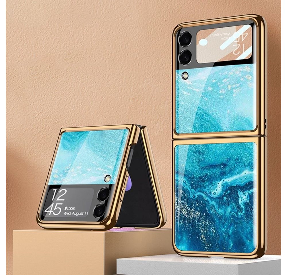 Wigento Handyhülle Für Samsung Galaxy Z Flip3 5G Electroplating Painted Glas Case Hart Cover Handy Tasche Hülle Etuis Blau von Wigento