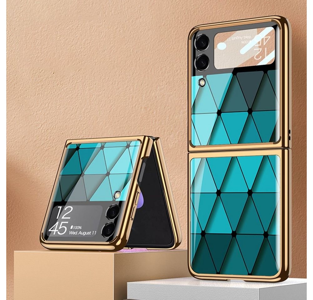 Wigento Handyhülle Für Samsung Galaxy Z Flip3 5G Electroplating Painted Glas Case Hart Cover Handy Tasche Hülle Etuis Diamant Blau von Wigento