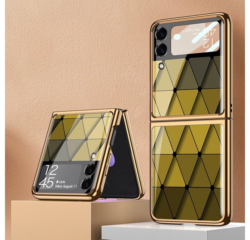 Wigento Handyhülle Für Samsung Galaxy Z Flip3 5G Electroplating Painted Glas Case Hart Cover Handy Tasche Hülle Etuis Diamant Gelb von Wigento
