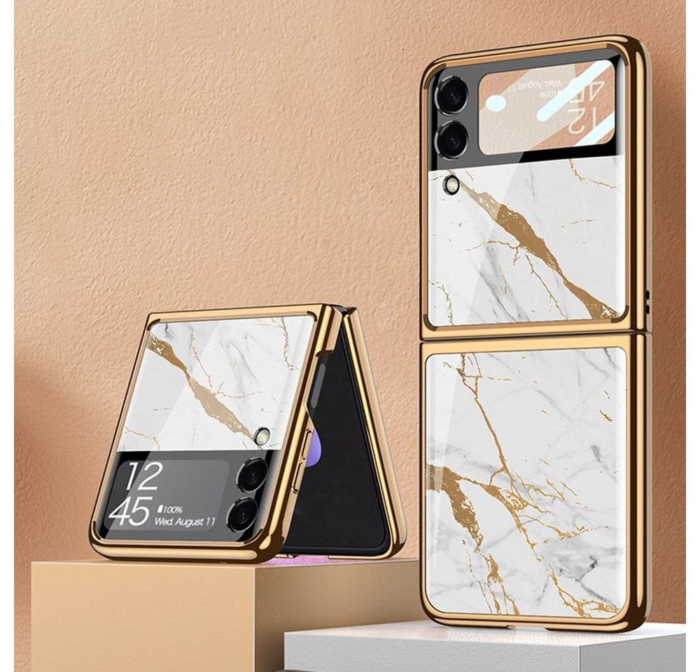 Wigento Handyhülle Für Samsung Galaxy Z Flip3 5G Electroplating Painted Glas Case Hart Cover Handy Tasche Hülle Etuis Goldene Linien von Wigento