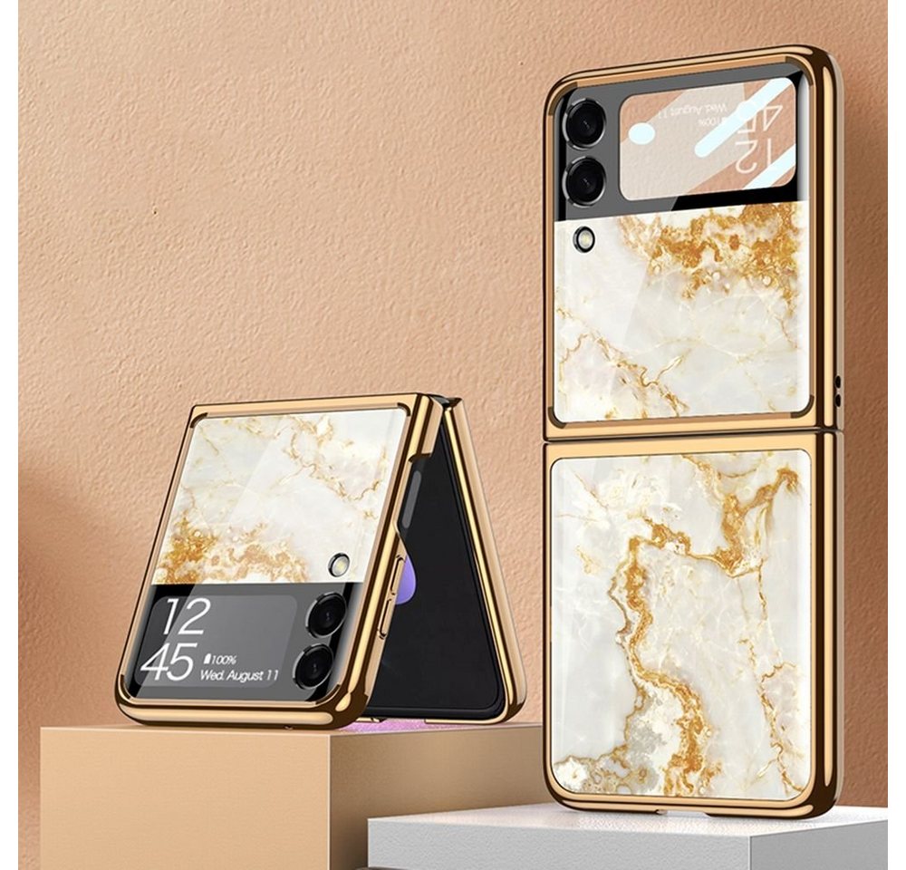 Wigento Handyhülle Für Samsung Galaxy Z Flip3 5G Electroplating Painted Glas Case Hart Cover Handy Tasche Hülle Etuis Goldener Faden von Wigento