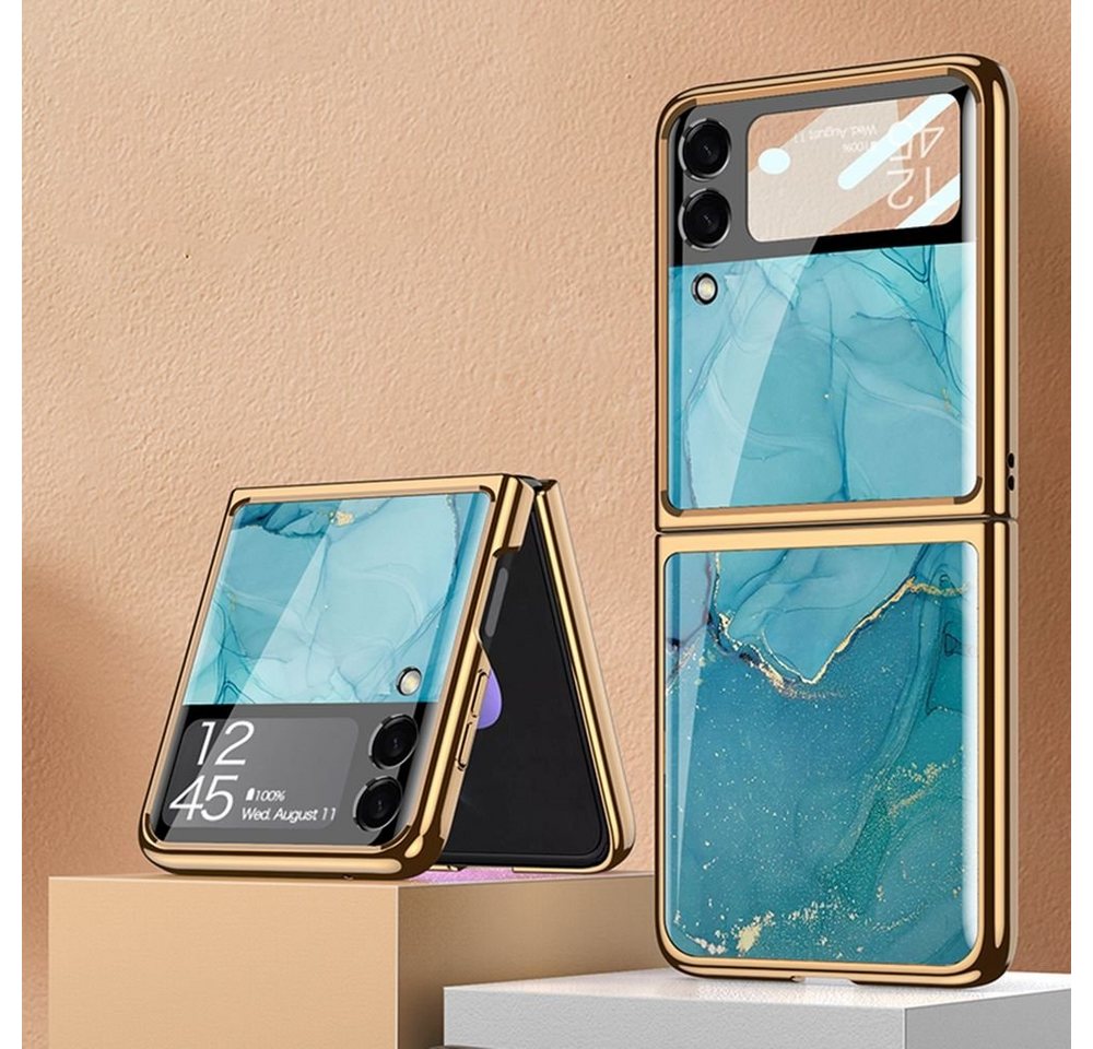 Wigento Handyhülle Für Samsung Galaxy Z Flip3 5G Electroplating Painted Glas Case Hart Cover Handy Tasche Hülle Etuis See Blau von Wigento