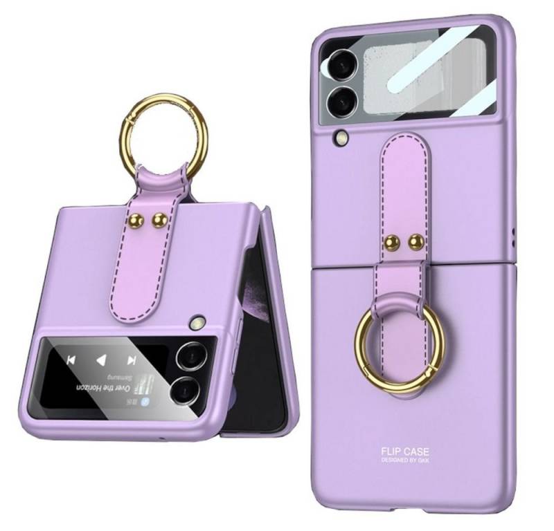 Wigento Handyhülle Für Samsung Galaxy Z Flip3 5G Ring-Halter Kunstleder Hart Cover Handy Tasche Hülle Etuis Lila von Wigento