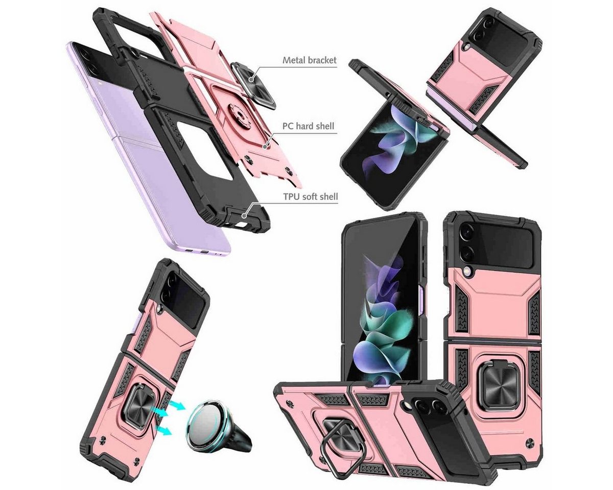 Wigento Handyhülle Für Samsung Galaxy Z Flip4 5G Design Armor Magnet Ring Cover Handy Tasche Etuis Rosa von Wigento