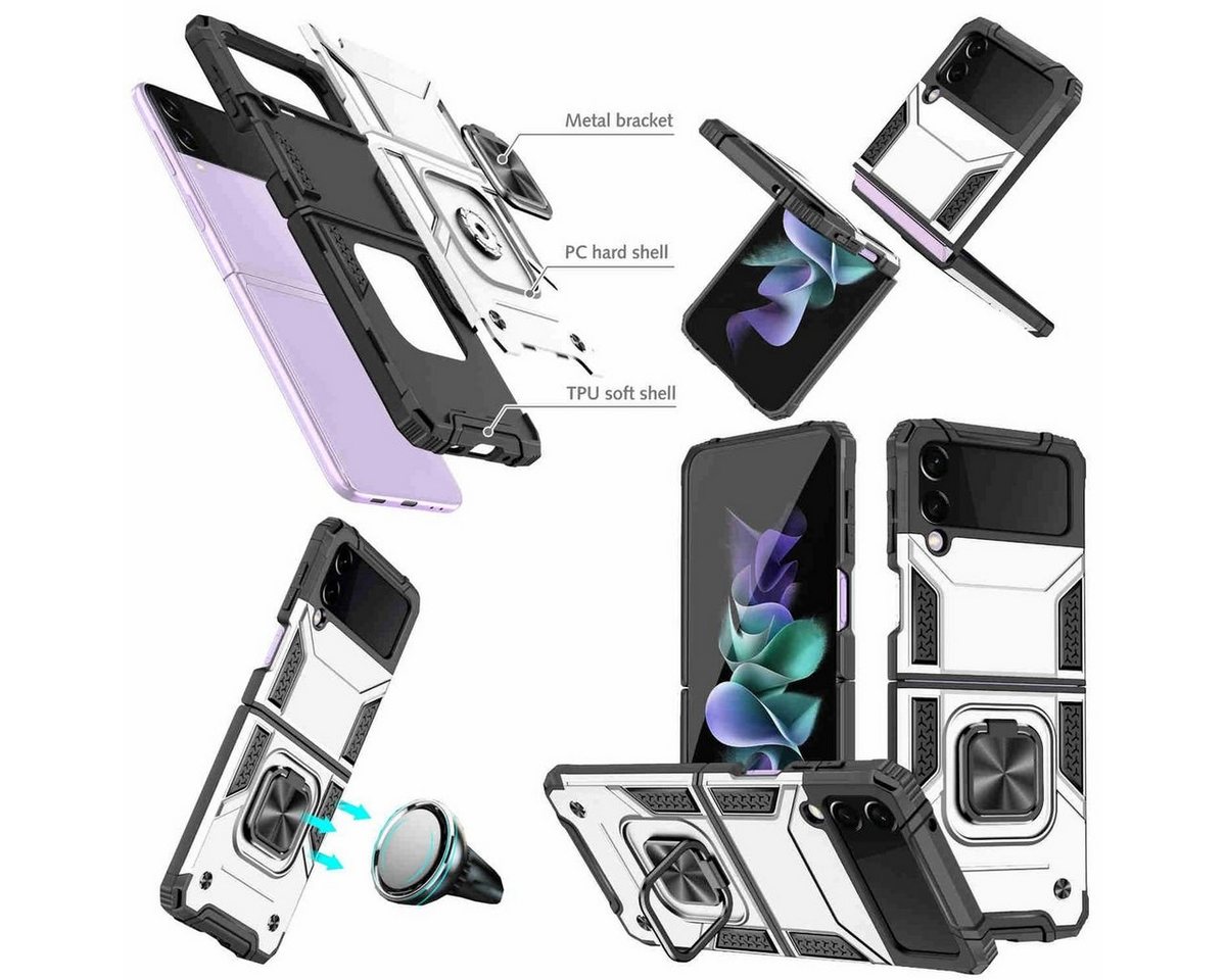 Wigento Handyhülle Für Samsung Galaxy Z Flip4 5G Design Armor Magnet Ring Cover Handy Tasche Etuis Silber von Wigento