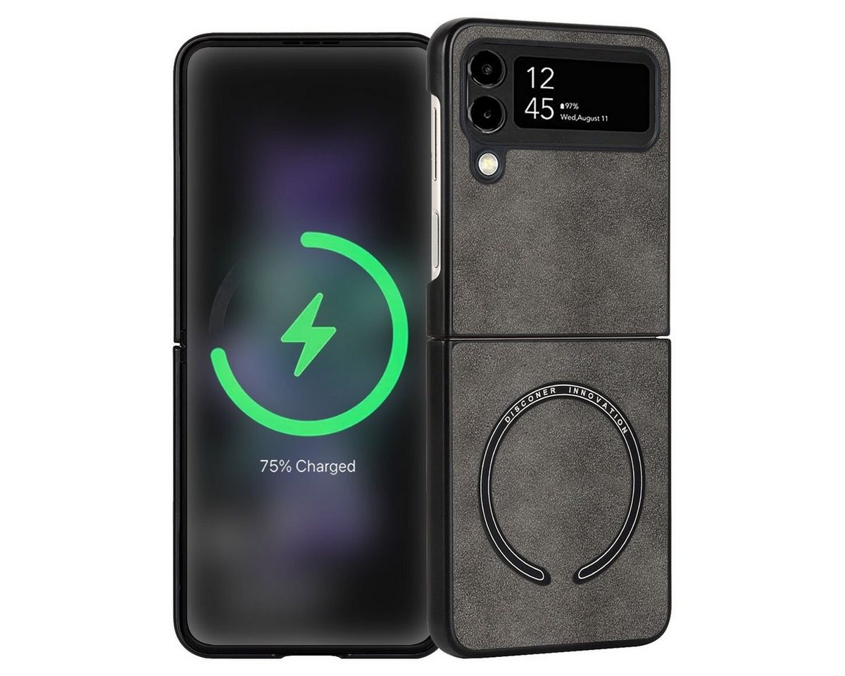 Wigento Handyhülle Für Samsung Galaxy Z Flip4 5G Design MagSafe Magnetic Hart Cover Handy Tasche Hülle Etuis Grau von Wigento