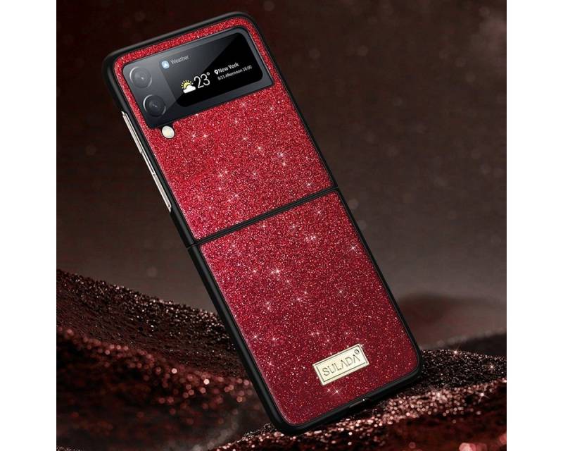 Wigento Handyhülle Für Samsung Galaxy Z Flip4 5G Glitzer Design Kunststoff TPU Cover Handy Tasche Hülle Etuis Rot von Wigento