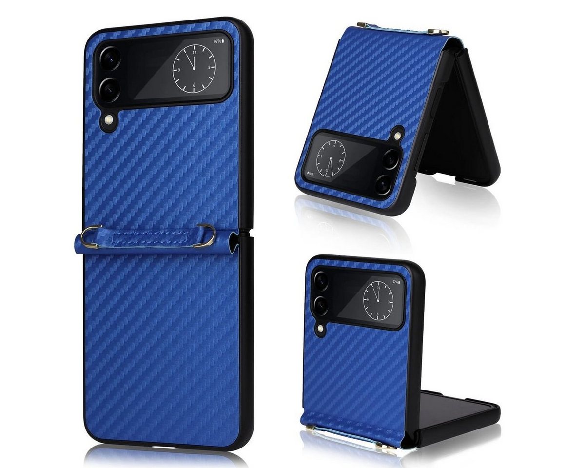 Wigento Handyhülle Für Samsung Galaxy Z Flip4 5G Kunstleder / Kunststoff Kohlefaser Struktur Handy Tasche Hülle Etuis Blau von Wigento