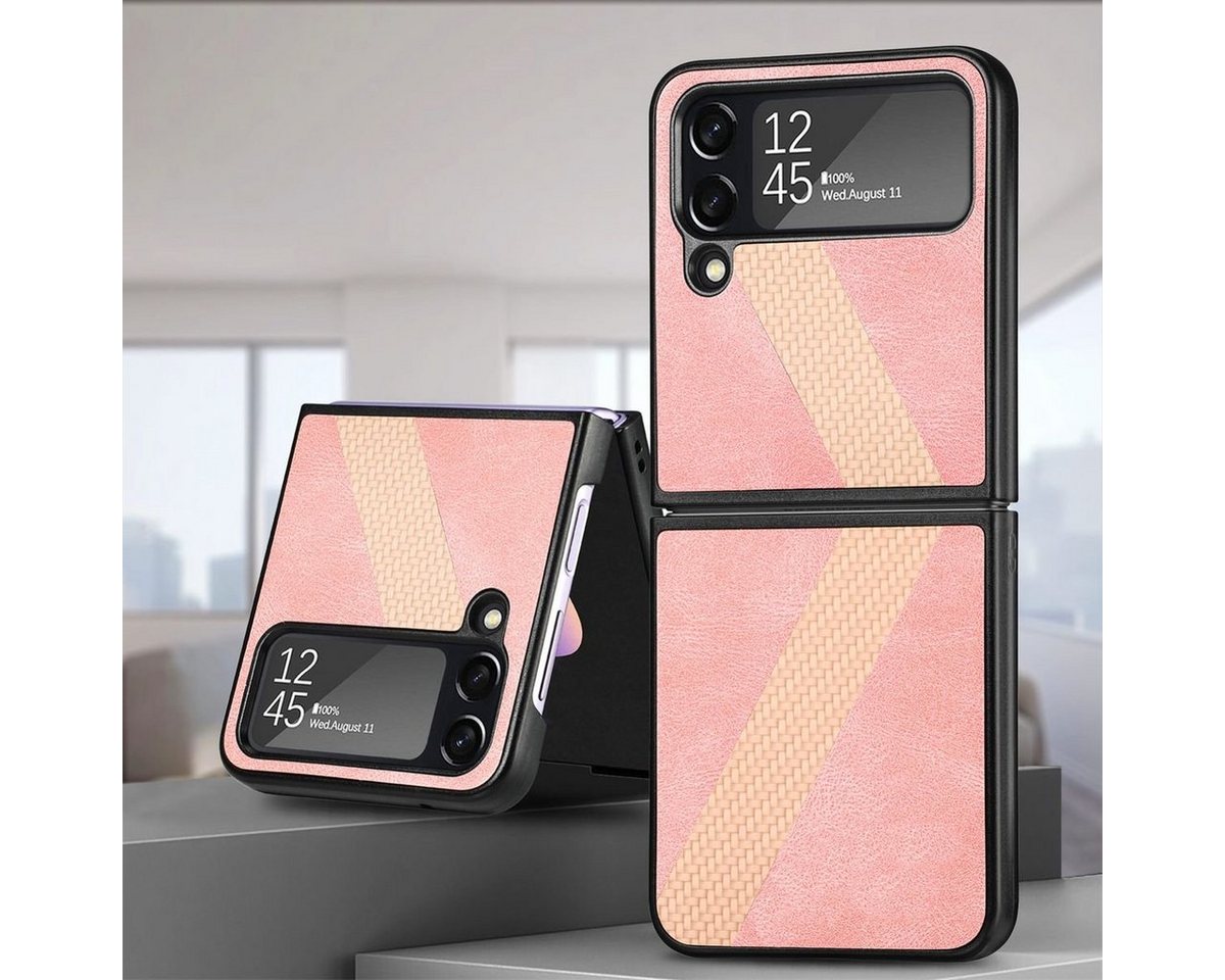 Wigento Handyhülle Für Samsung Galaxy Z Flip4 5G Kunstleder / Kunststoff L-Muster Struktur Handy Tasche Hülle Etuis Pink von Wigento