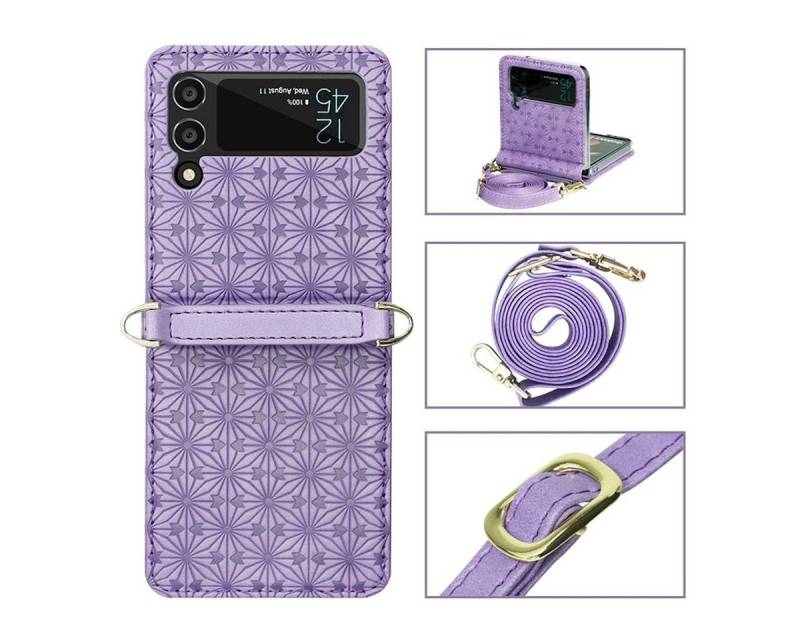 Wigento Handyhülle Für Samsung Galaxy Z Flip4 5G Kunstleder Geprägt Design mit Gurt Handy Tasche Hülle Etuis Lila von Wigento