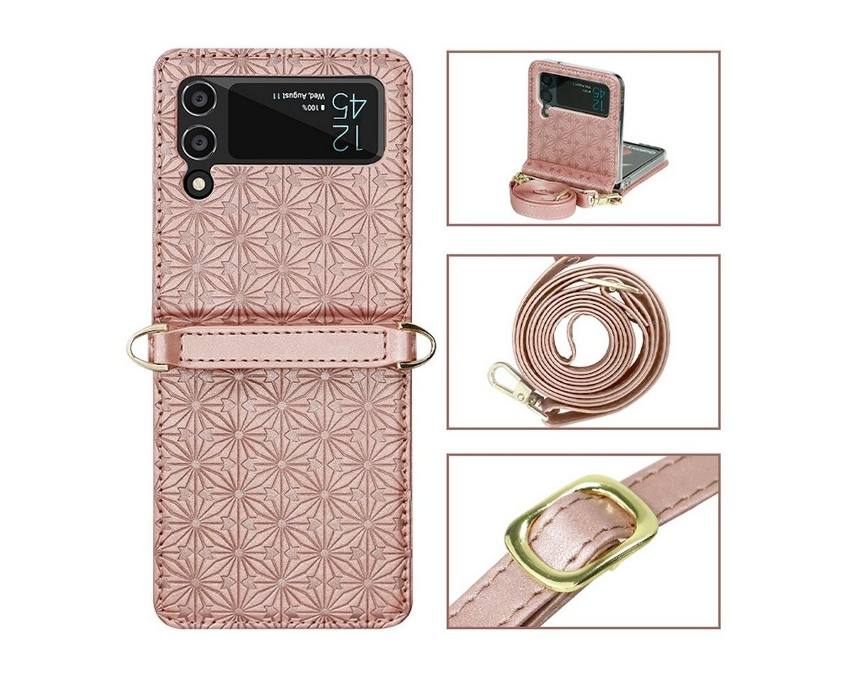 Wigento Handyhülle Für Samsung Galaxy Z Flip4 5G Kunstleder Geprägt Design mit Gurt Handy Tasche Hülle Etuis Rose Gold von Wigento