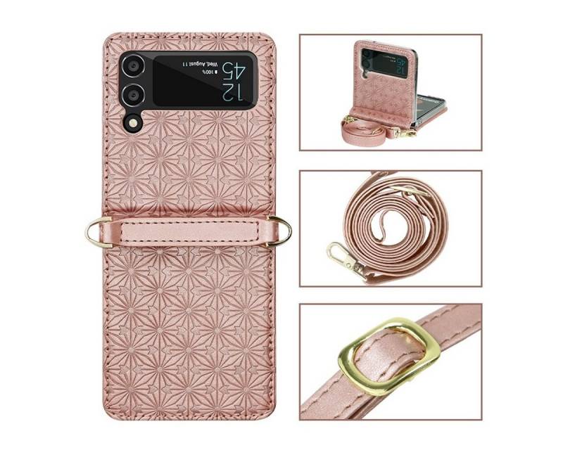 Wigento Handyhülle Für Samsung Galaxy Z Flip4 5G Kunstleder Geprägt Design mit Gurt Handy Tasche Hülle Etuis Rose Gold von Wigento