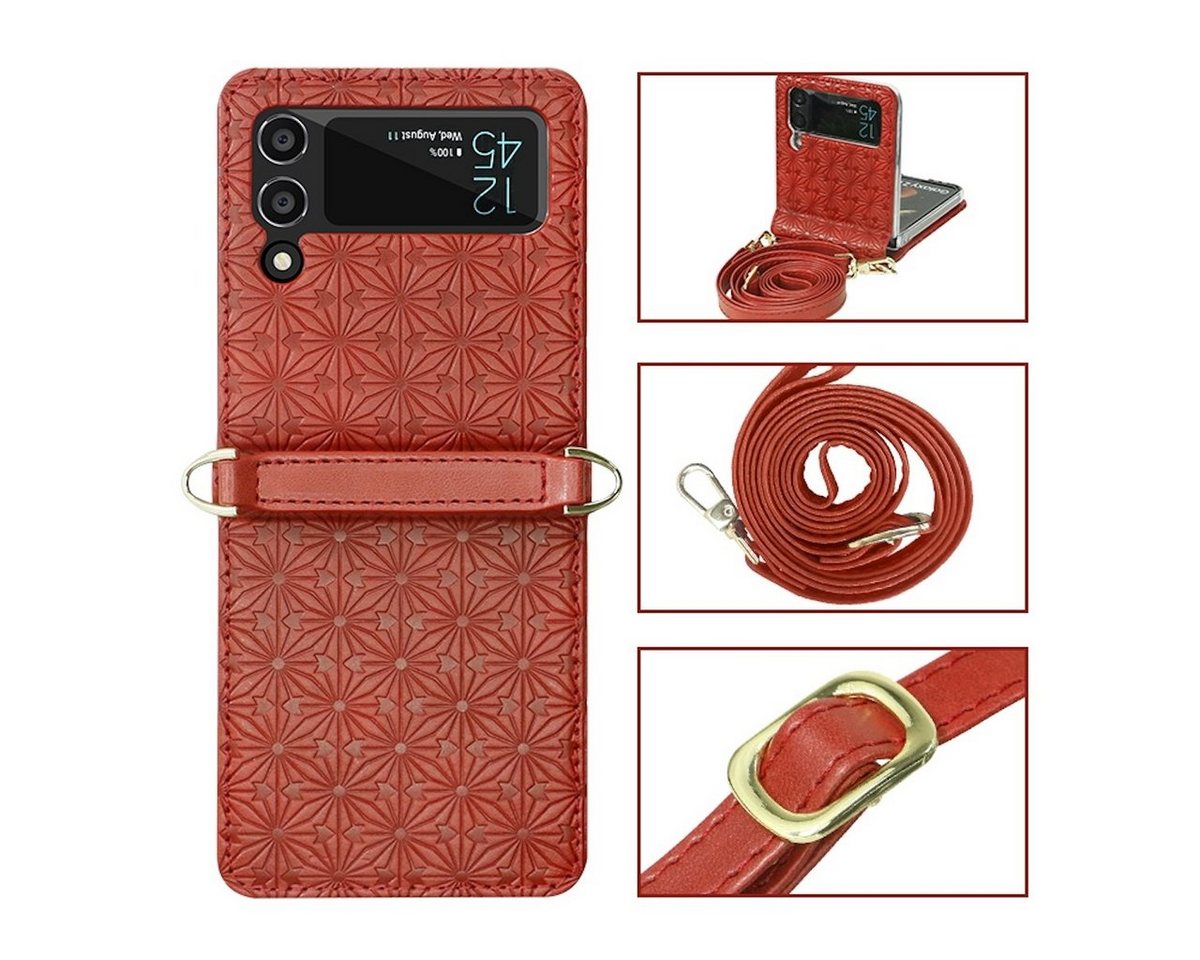 Wigento Handyhülle Für Samsung Galaxy Z Flip4 5G Kunstleder Geprägt Design mit Gurt Handy Tasche Hülle Etuis Rot von Wigento