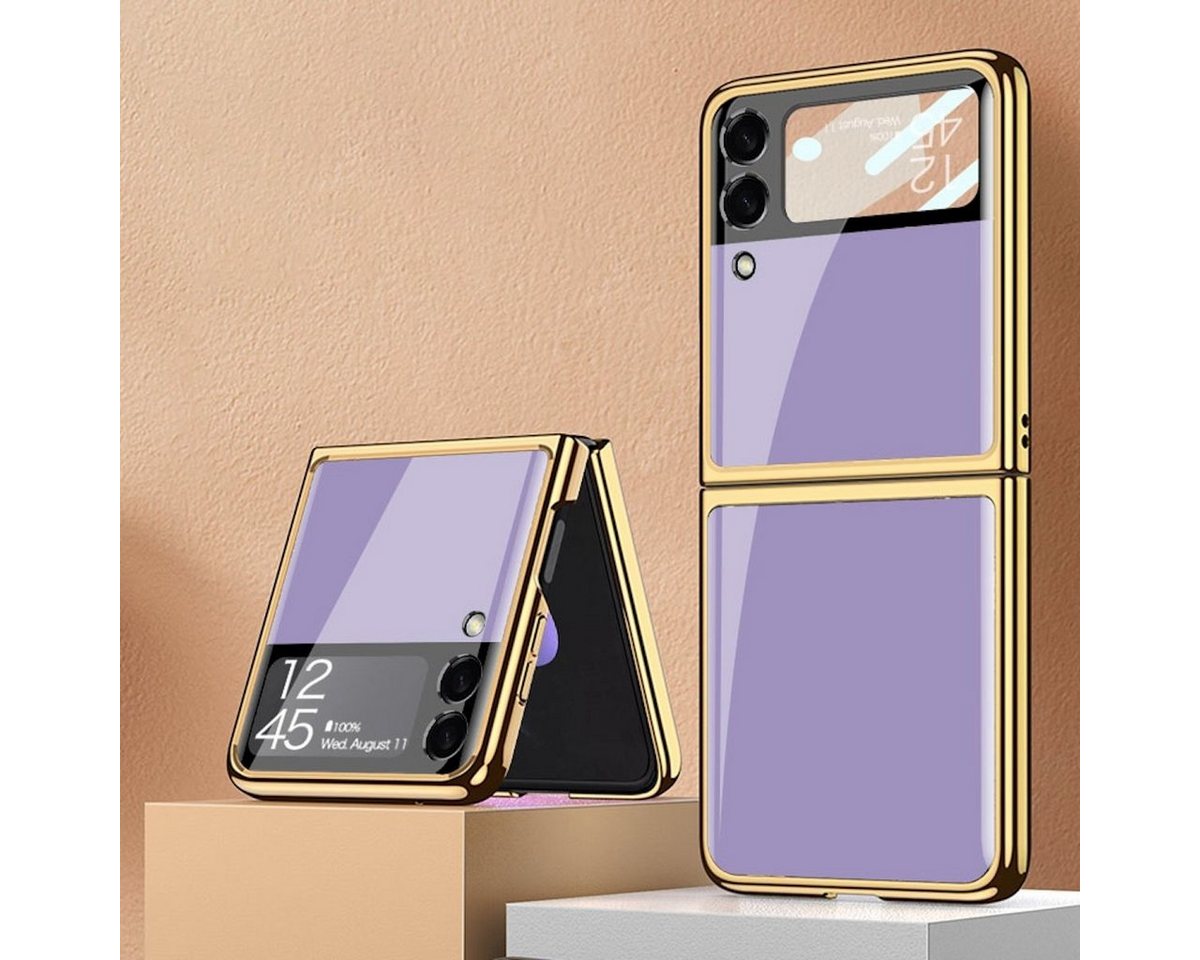 Wigento Handyhülle Für Samsung Galaxy Z Flip4 5G Lackiertes Glas Design Hart Cover Handy Tasche Hülle Etuis Lila von Wigento