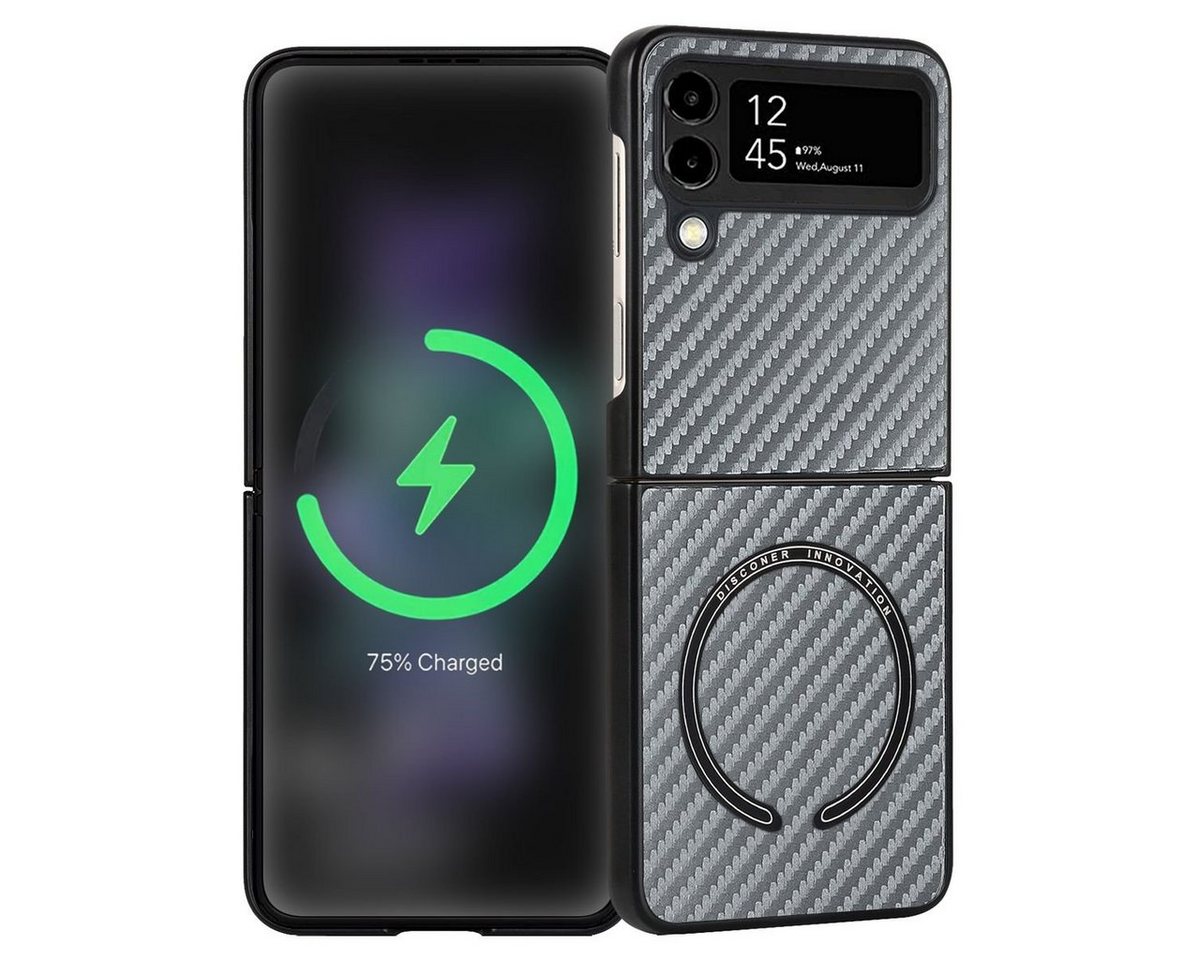Wigento Handyhülle Für Samsung Galaxy Z Flip4 5G MagSafe Magnetic Kunststoff Kohlefaser Struktur Handy Tasche Hülle Etuis Grau von Wigento