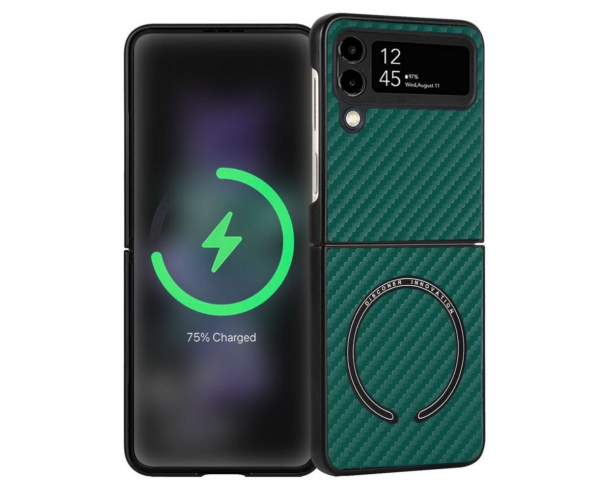 Wigento Handyhülle Für Samsung Galaxy Z Flip4 5G MagSafe Magnetic Kunststoff Kohlefaser Struktur Handy Tasche Hülle Etuis Grün von Wigento