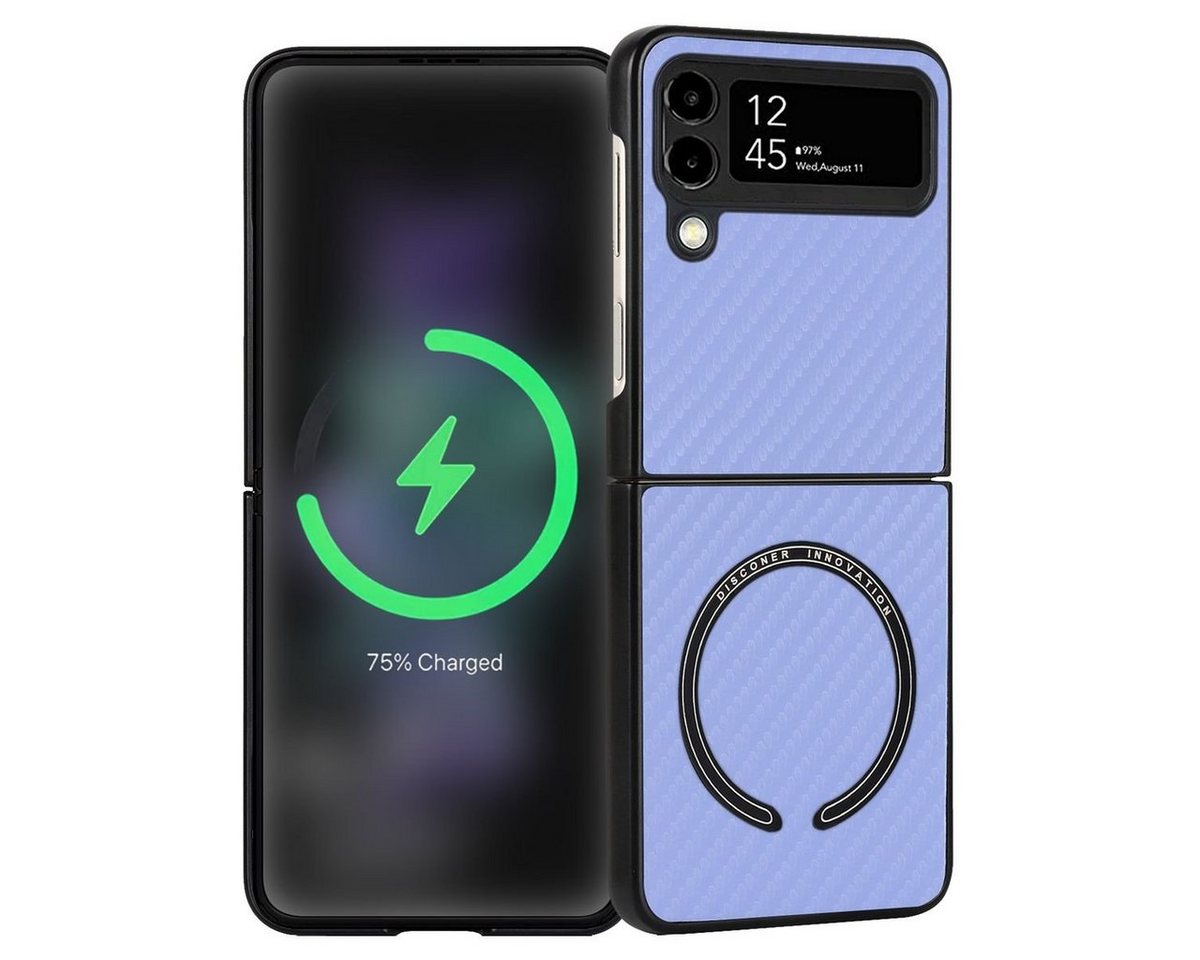 Wigento Handyhülle Für Samsung Galaxy Z Flip4 5G MagSafe Magnetic Kunststoff Kohlefaser Struktur Handy Tasche Hülle Etuis Lila von Wigento