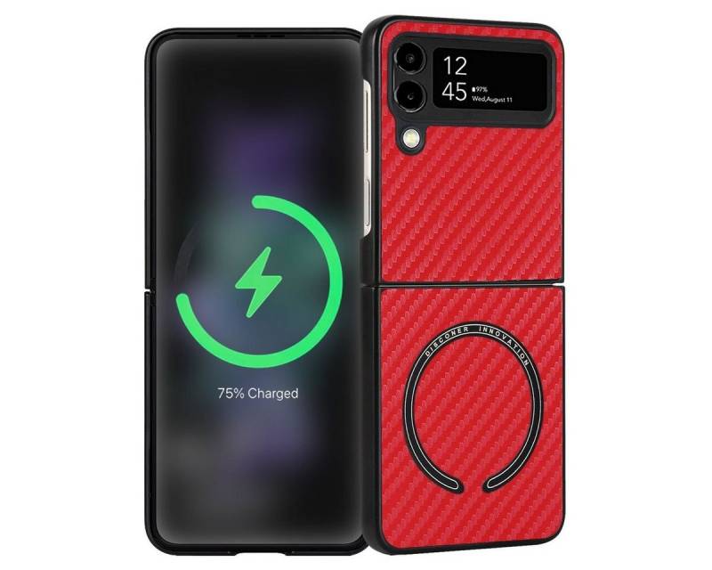 Wigento Handyhülle Für Samsung Galaxy Z Flip4 5G MagSafe Magnetic Kunststoff Kohlefaser Struktur Handy Tasche Hülle Etuis Rot von Wigento