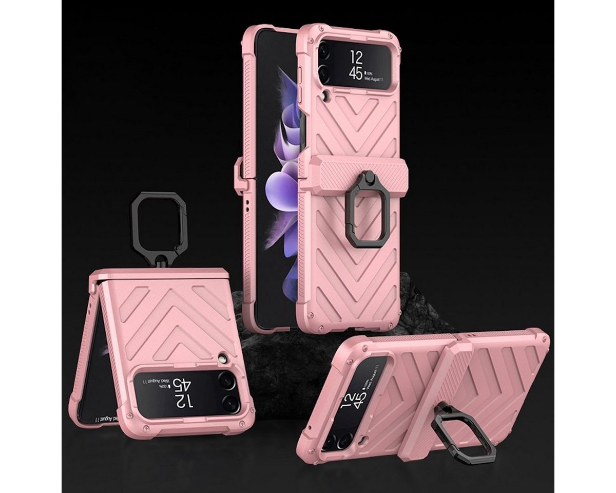 Wigento Handyhülle Für Samsung Galaxy Z Flip4 5G Outdoor Kunststoff Armor Magnet Ring Hart Cover Handy Tasche Hülle Etuis Pink von Wigento