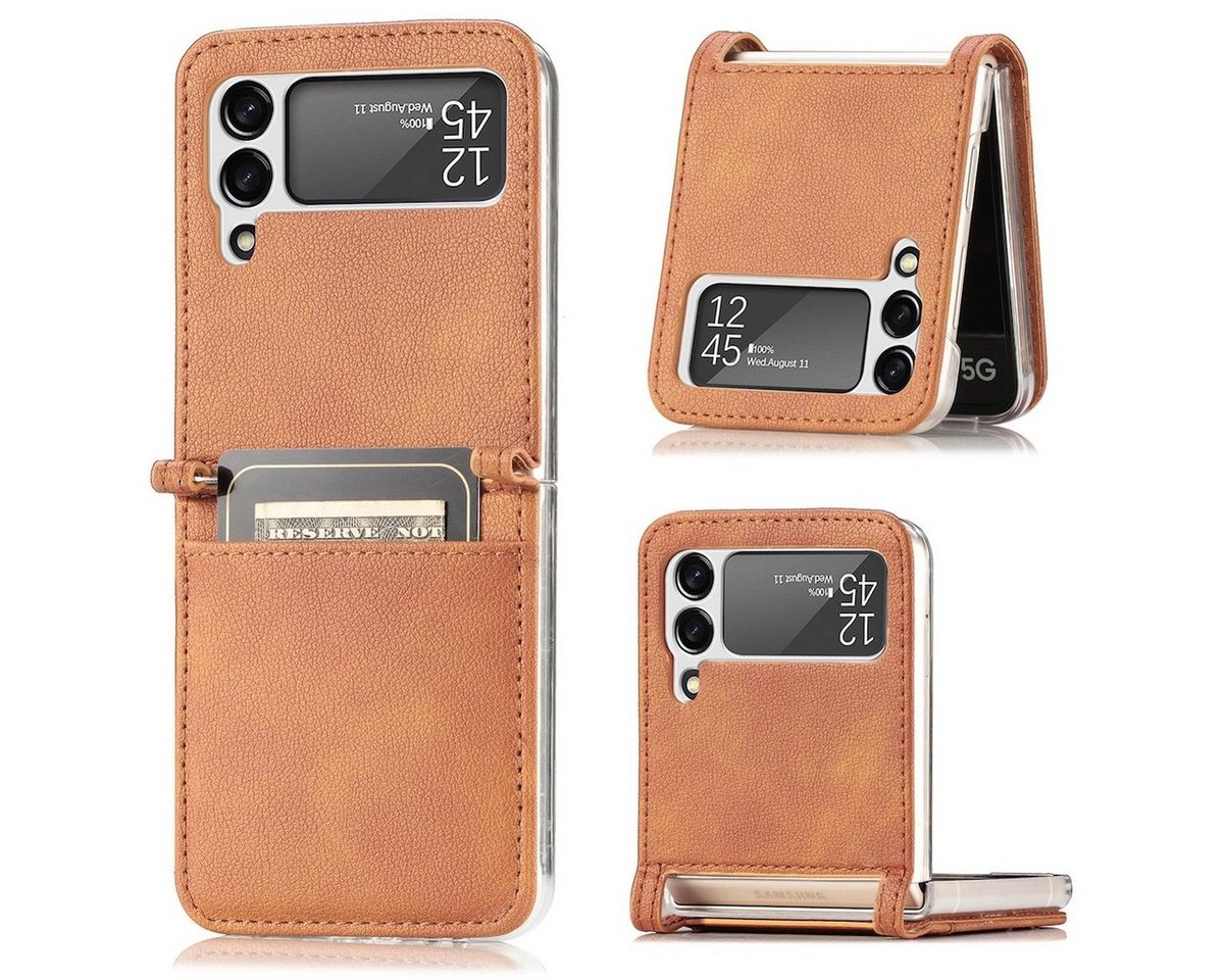 Wigento Handyhülle Für Samsung Galaxy Z Flip4 Faltbare Handytasche mit Kartenfach und Litschi-Textur Schutz Cover Handy Tasche Muster / Motiv Braun Hülle Etuis Muster von Wigento