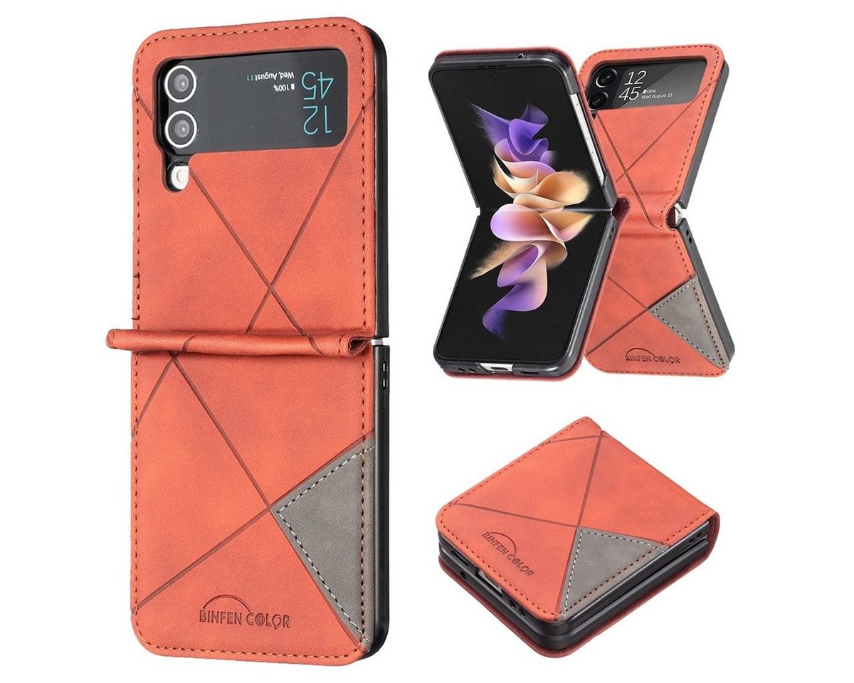 Wigento Handyhülle Für Samsung Galaxy Z Flip4 Handytasche aus Kunstleder mit Rautenstruktur Schutz Cover Handy Tasche Braun Hülle Etuis Muster von Wigento