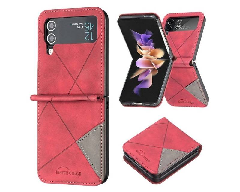 Wigento Handyhülle Für Samsung Galaxy Z Flip4 Handytasche aus Kunstleder mit Rautenstruktur Schutz Cover Handy Tasche Rot Hülle Etuis Muster von Wigento