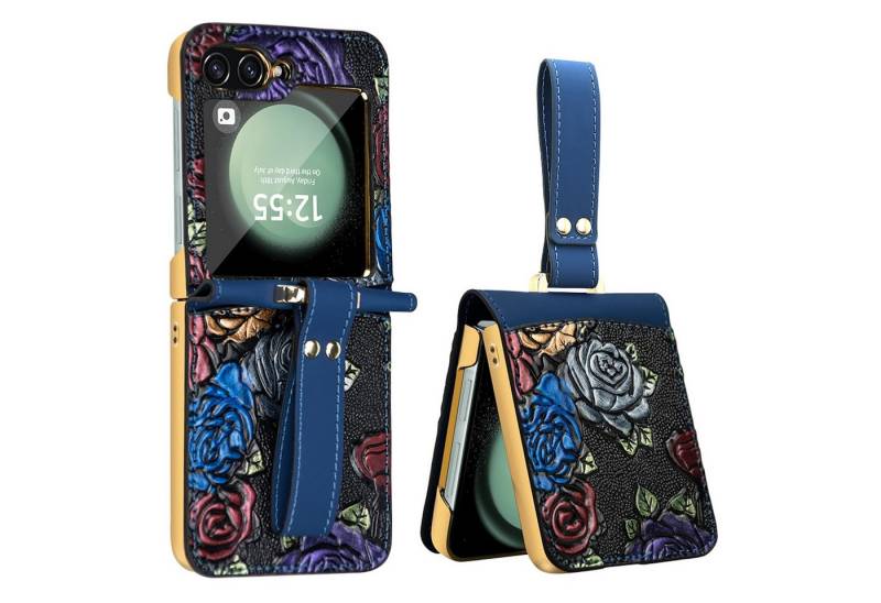 Wigento Handyhülle Für Samsung Galaxy Z Flip5 Full Cover Hülle Handschlaufe + Schutz Glas, Integriertes Schutzglas Schutzhülle Handschlaufe Smart Case Cover von Wigento