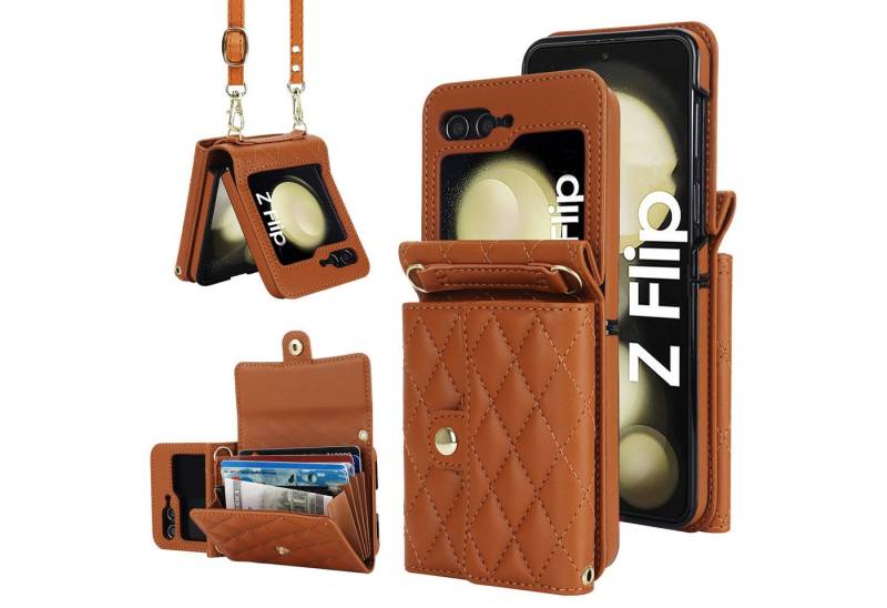 Wigento Handyhülle Für Samsung Galaxy Z Flip6 Kunstleder Design Book Wallet Tasche Braun, Kunst-Leder Schutz Tasche Smart Case Multifunktion von Wigento