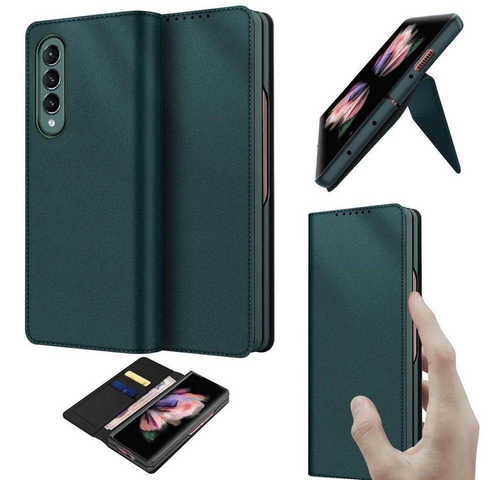 Wigento Handyhülle Für Samsung Galaxy Z Fold3 5G Design Leder Hart Cover Handy Tasche Hülle Etuis Grün von Wigento