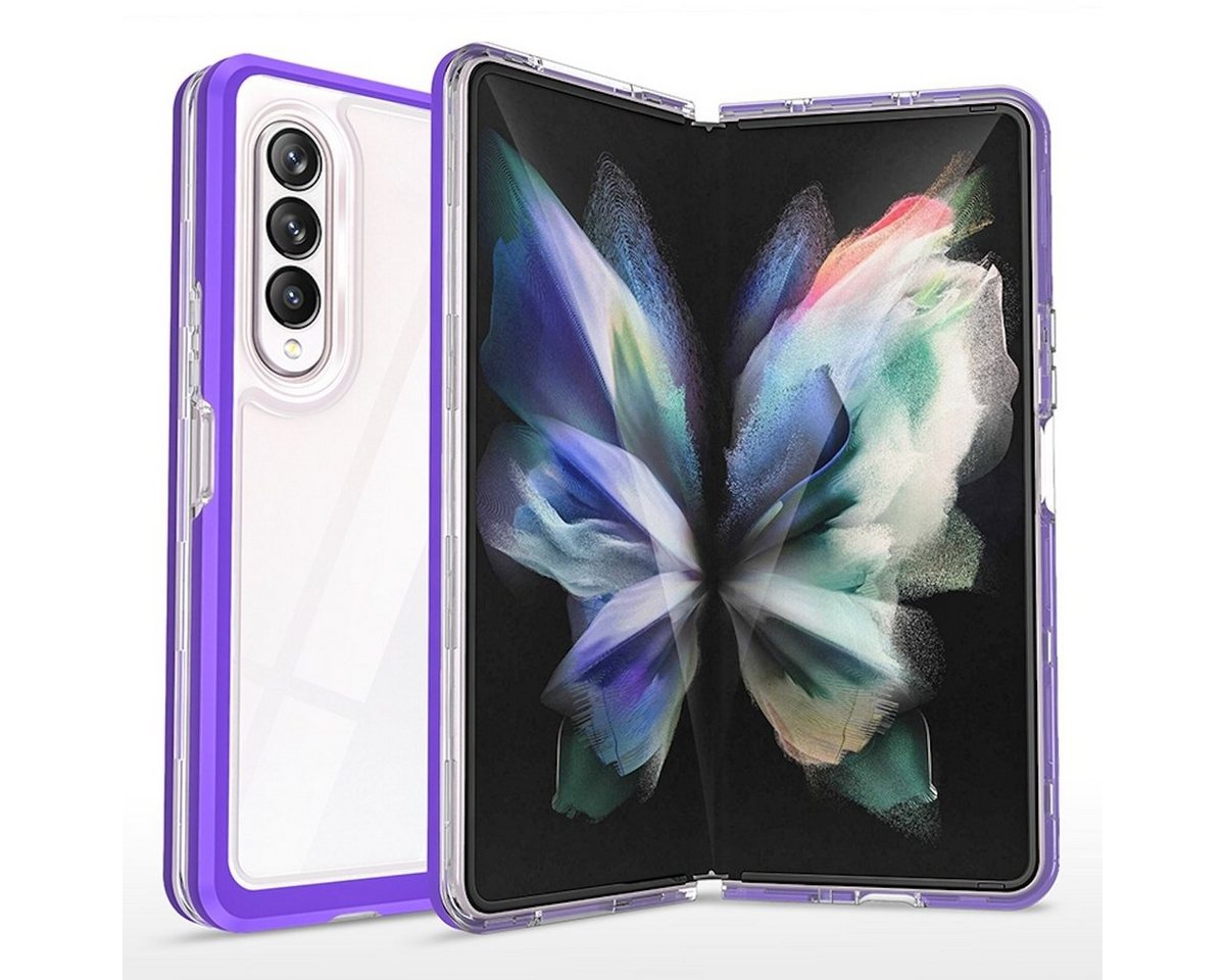 Wigento Handyhülle Für Samsung Galaxy Z Fold4 5G 360 Grad Schock Durchsichtig Acrylic + PC + TPU Cover Handy Tasche Hülle Etuis Lila von Wigento