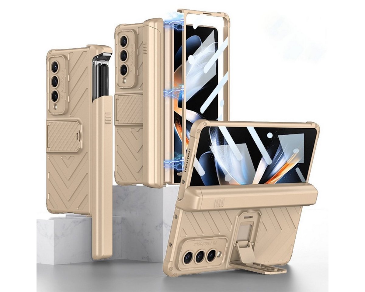 Wigento Handyhülle Für Samsung Galaxy Z Fold4 5G Armor Flip Kunststoff Handy Tasche Hülle Etuis Gold von Wigento