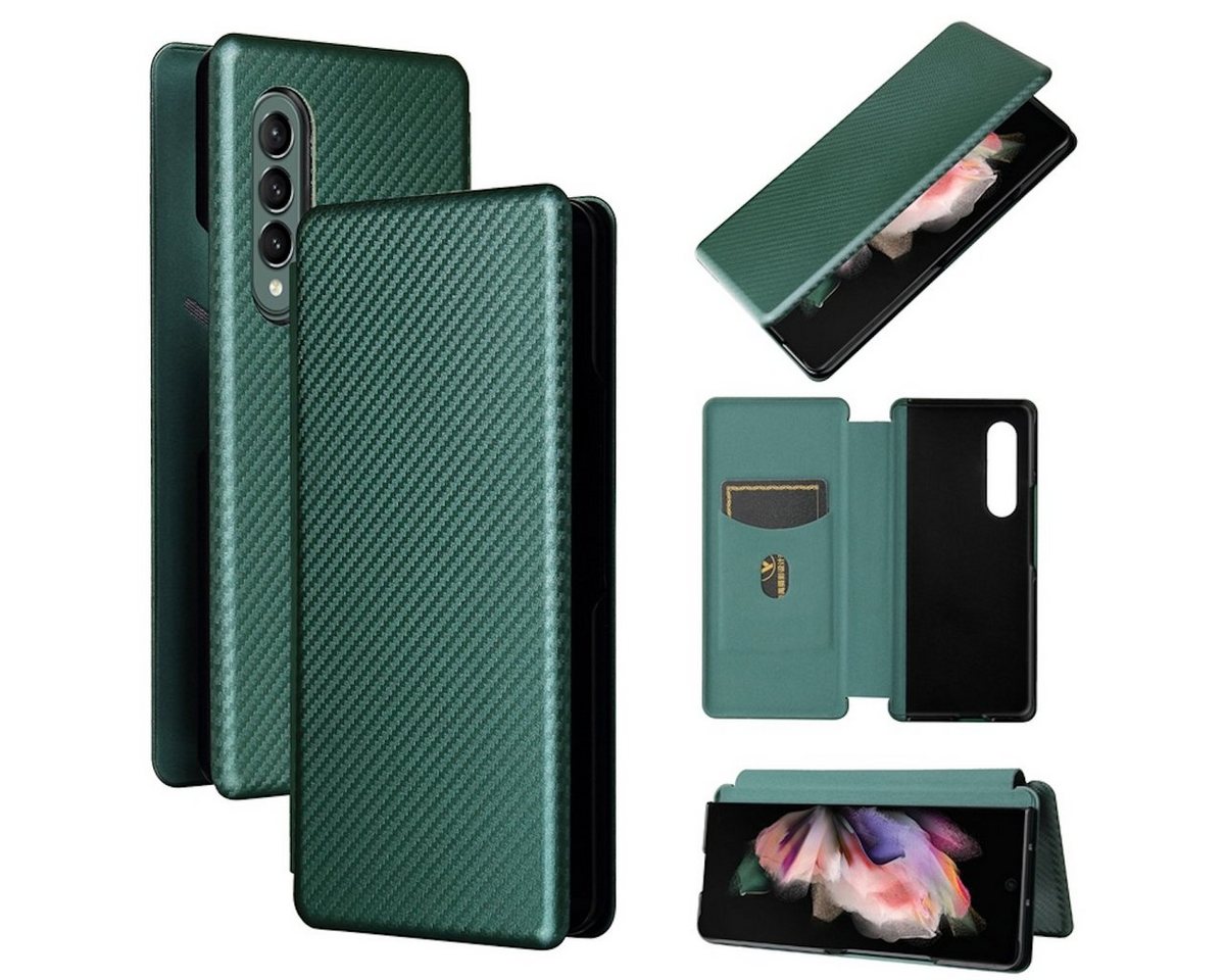 Wigento Handyhülle Für Samsung Galaxy Z Fold4 5G Carbon Kunstleder Handy Tasche Hülle Etuis Grün von Wigento