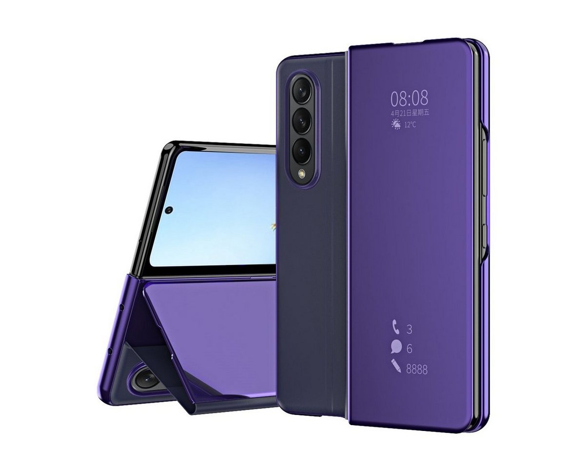 Wigento Handyhülle Für Samsung Galaxy Z Fold4 5G Clear View Spiegel Mirror Smartcover Lila Schutzhülle Cover Etui Tasche Hülle Neu Case Wake UP Funktion von Wigento