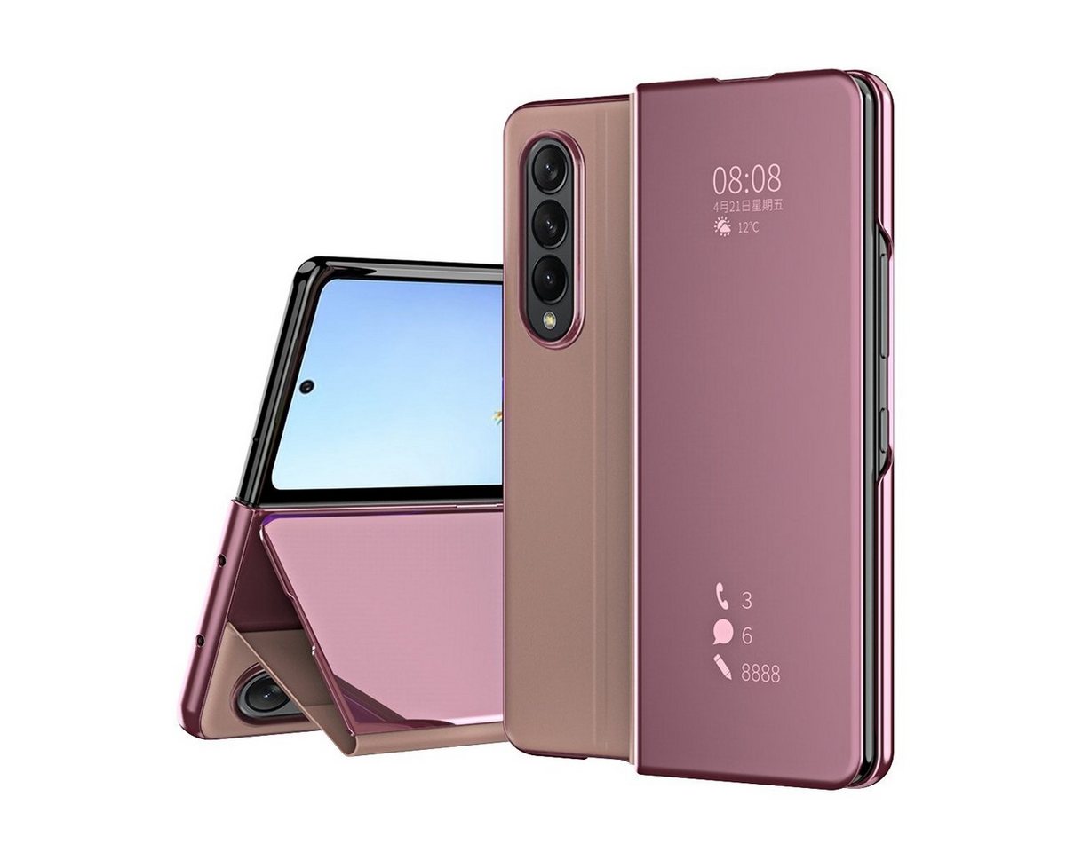 Wigento Handyhülle Für Samsung Galaxy Z Fold4 5G Clear View Spiegel Mirror Smartcover Pink Schutzhülle Cover Etui Tasche Hülle Neu Case Wake UP Funktion von Wigento