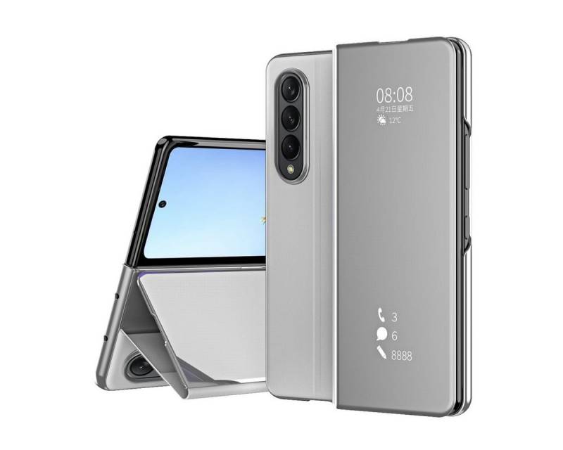 Wigento Handyhülle Für Samsung Galaxy Z Fold4 5G Clear View Spiegel Mirror Smartcover Silber Schutzhülle Cover Etui Tasche Hülle Neu Case Wake UP Funktion von Wigento