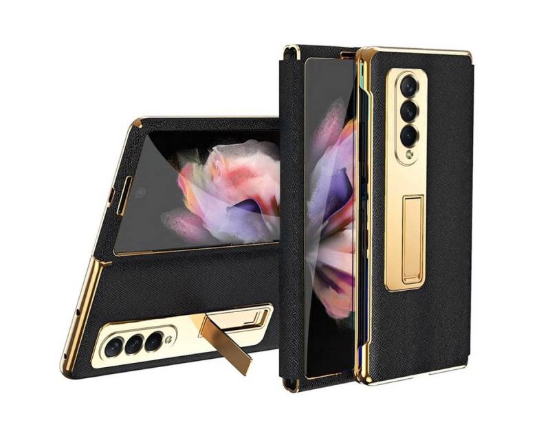 Wigento Handyhülle Für Samsung Galaxy Z Fold4 5G Galvanik Linsenrahmen + Hart Glas Handy Tasche Hülle Etuis Schwarz von Wigento
