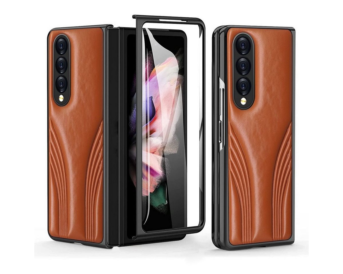 Wigento Handyhülle Für Samsung Galaxy Z Fold4 5G Kunstleder / Geprägte Faltung Kunststoff Handy Tasche Hülle Etuis Braun von Wigento